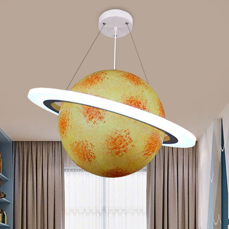 Kids 1 Bulb Suspension Light Yellow-Brown Jupiter/Blue Earth/Orange Sun Globe Pendant Chandelier with Acrylic Shade