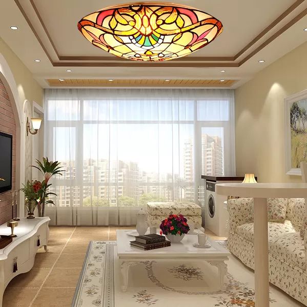 Stained Glass Ceiling Light, Bowl Shade Flush Mount Light with Jewel Decoration Baroque Style