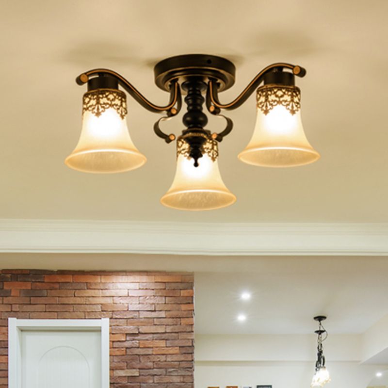 Handblown Glass Black Semi Flush Flared Shade Traditional Ceiling Mount Chandelier