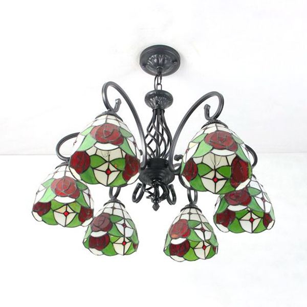 Red Rose Chandelier Light with Dome Shade Lodge Style 6 Lights Glass Pendant Light for Stairway