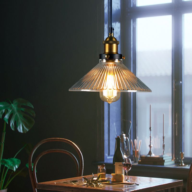 Conical Cafe Pendant Light Industrial Clear Glass 1-Bulb Brass Hanging Ceiling Light