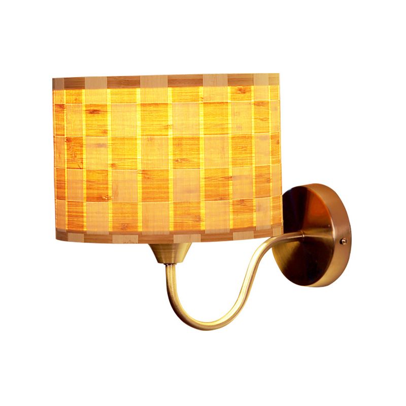 Wood Drum Wall Lighting Chinese 1 Head Beige Sconce Light Fixture with Metal Curved Arm