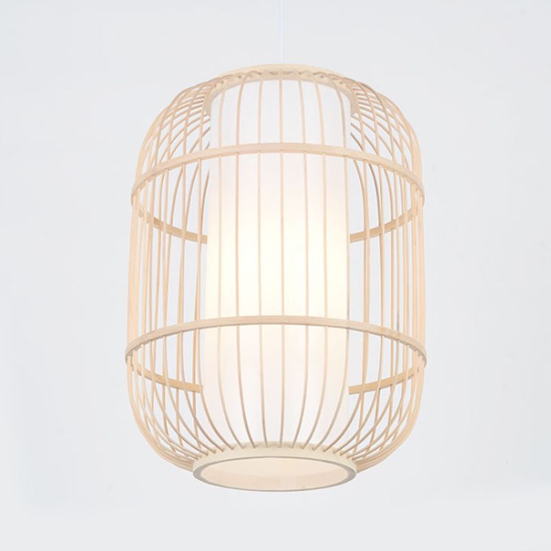 Asian Style Cylinder Shade Hanging Lamp Bamboo 1 Head Living Room Ceiling Fixture in Beige, 16"/19.5" W