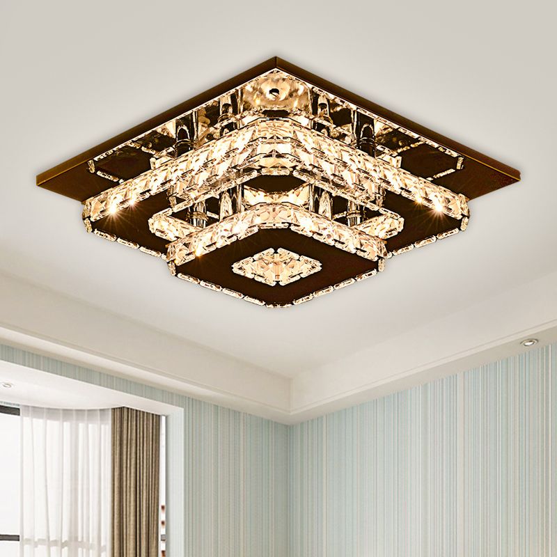 2-Tier Square Crystal Ceiling Fixture Contemporary 12"/26.5" Wide Stainless-Steel LED Flush Mount Lighting