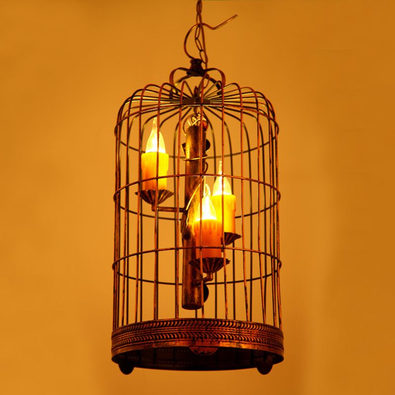 Resin Amber Drop Pendant Candle 3 Bulbs Countryside Chandelier Lamp with Antique Brass Long Bird Cage