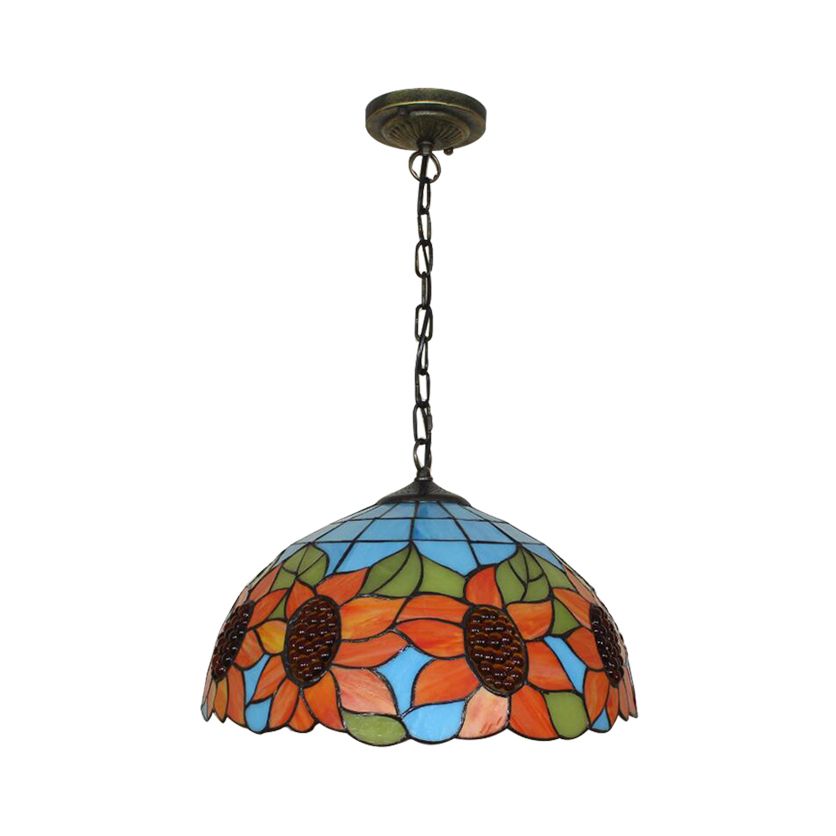 12"/16" Wide Domed Hanging Lamp Tiffany-Style 1 Bulb Black Hand Cut Glass Pendant Ceiling Light with Sunflower Pattern, A/B/C/D