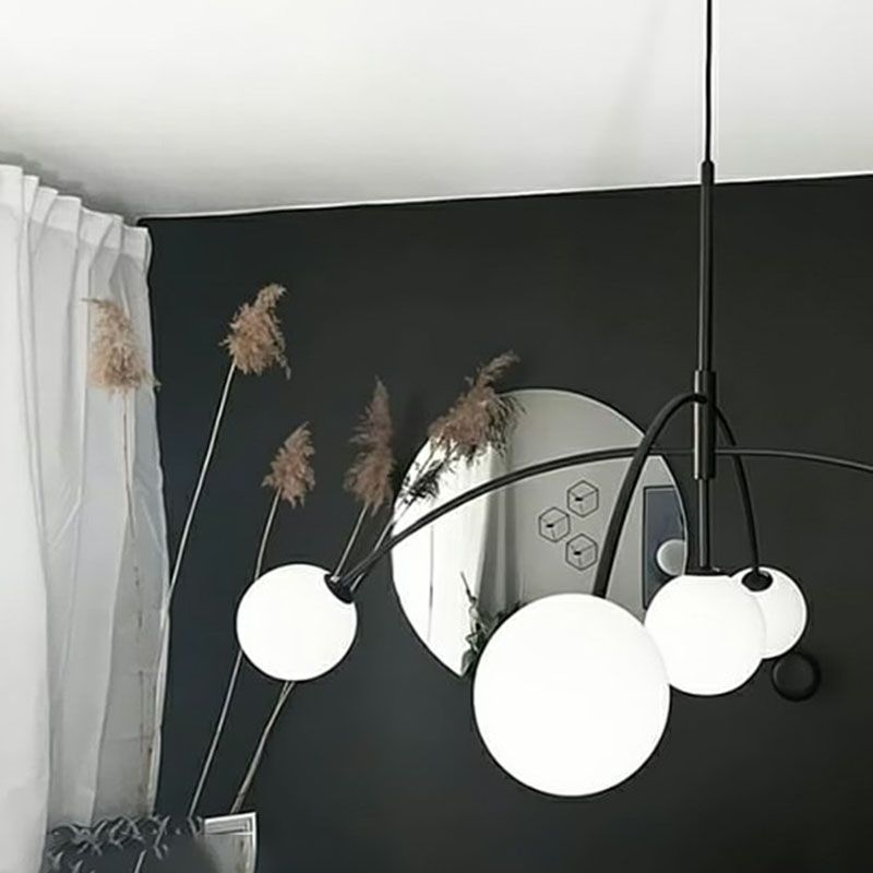 Black Arc Shaped Suspension Lamp Modern 5-Head Milky Ball Glass Chandelier for Dining Room