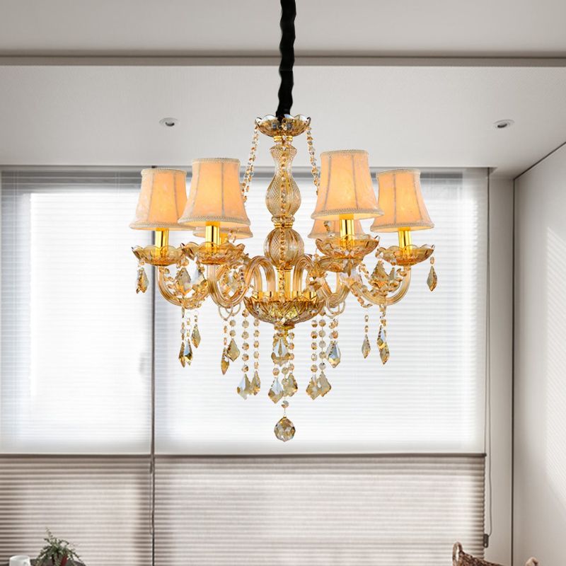 Candela retrò/Lampada del lampadario a campana 6 lampada a sospensione cristallina ambra in oro con/senza tonalità in tessuto