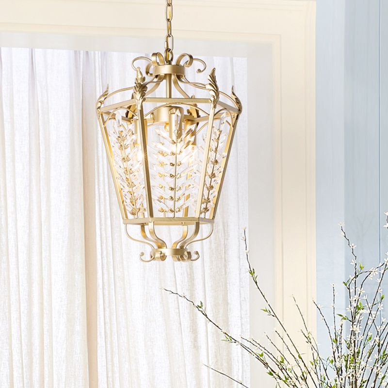 Gold Lantern Chandelier Light Traditional Metal 3 Lights Dining Room Hanging Ceiling Light with Crystal Accent
