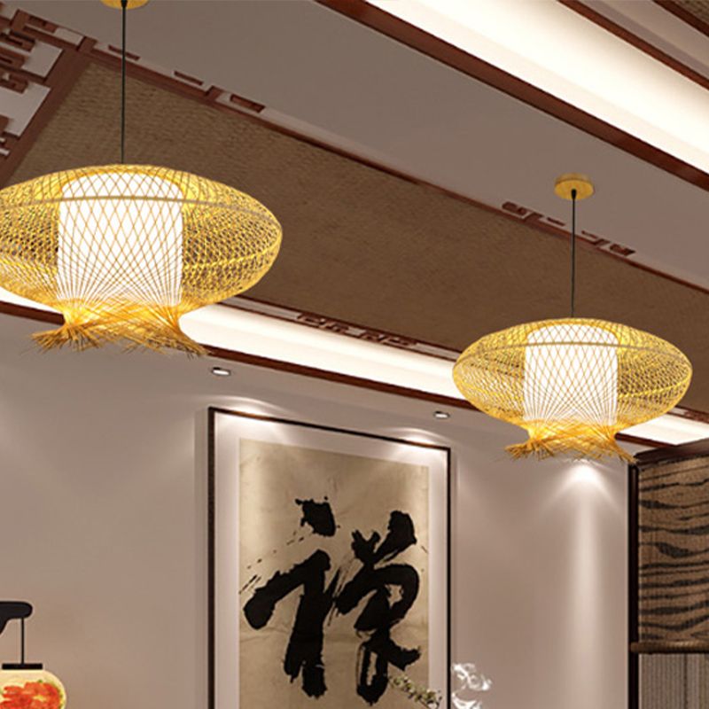 Oval Pendant Lamp Asia Bamboo 1 Bulb Khaki Ceiling Hanging Light with Inner Cylinder White Shade