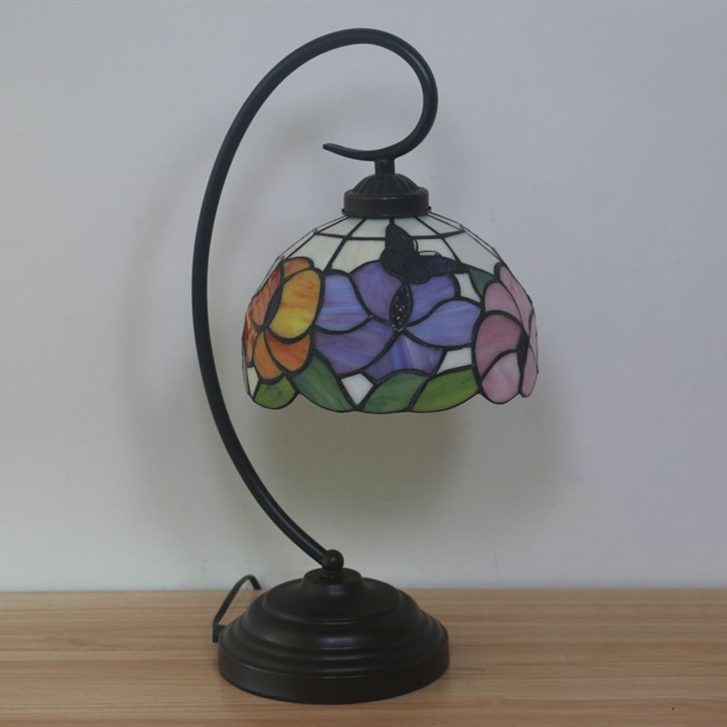 Victorian Bowl Nightstand Lighting 1 Light Stained Glass Pink/Purple Flower Patterned Task Light with Swirl Arm