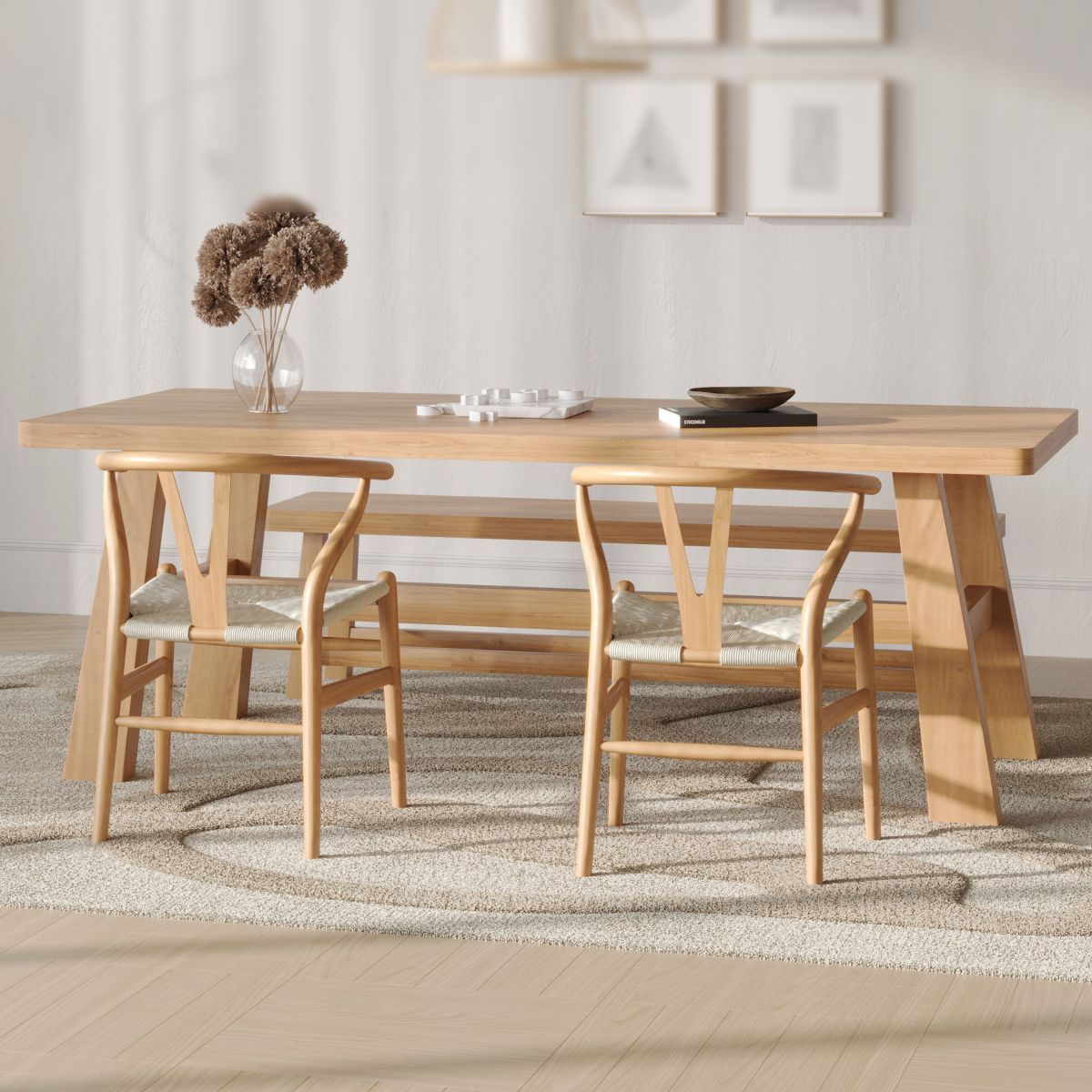 Modern Rectangle Pine Wood Dining Table 1/3 Pieces Dining Set for Dining Room
