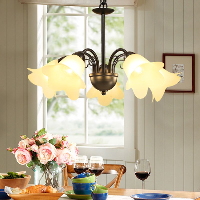 3/5/6 Bulbs Dining Room Chandelier Retro Black Finish Ceiling Pendant Lighting with Floral Shape Milky Glass Shade