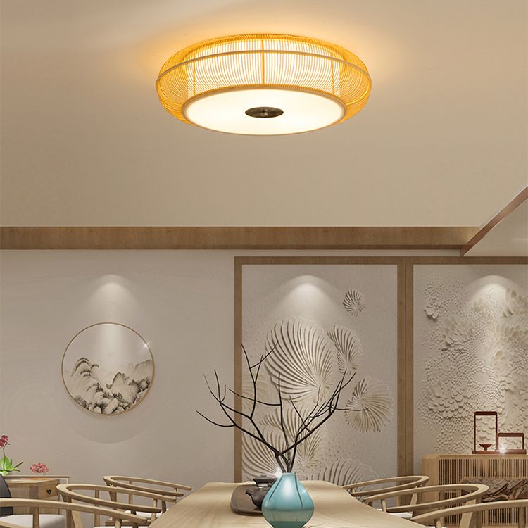Japanese Curved Drum Flush Mount Ceiling Light Fixture Bamboo Ceiling Flush Mount Lights for Bedroom