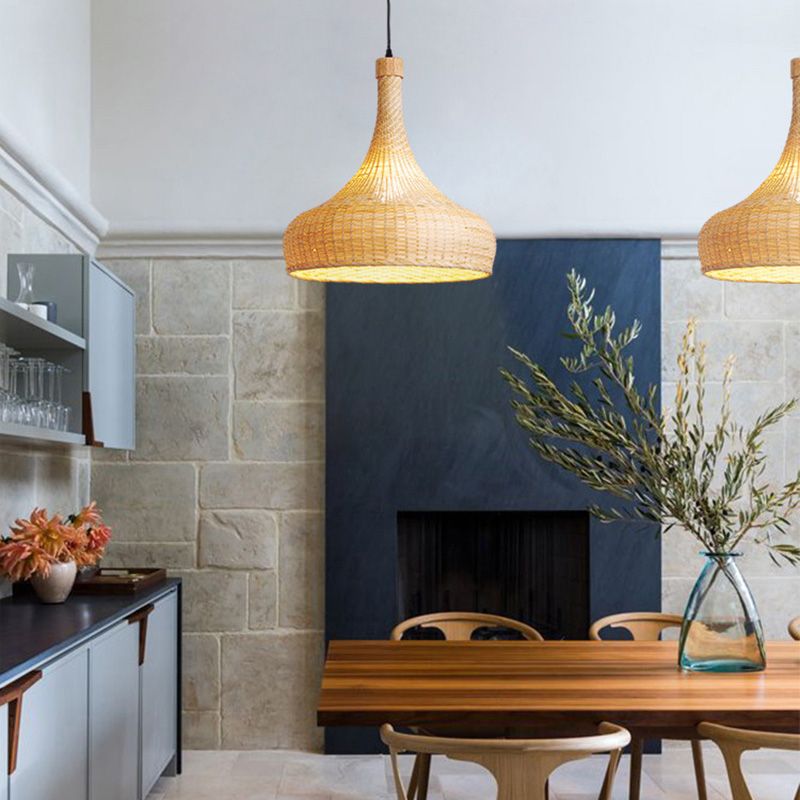 Hand-worked Natural Bamboo Drop Lamp Minimalist 1-Light Beige Pendant Light for Bedroom