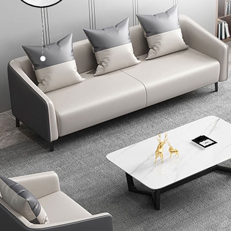 Gray Contemporary Sofa Faux Leather Tuxedo Arm Sofa with Pillows