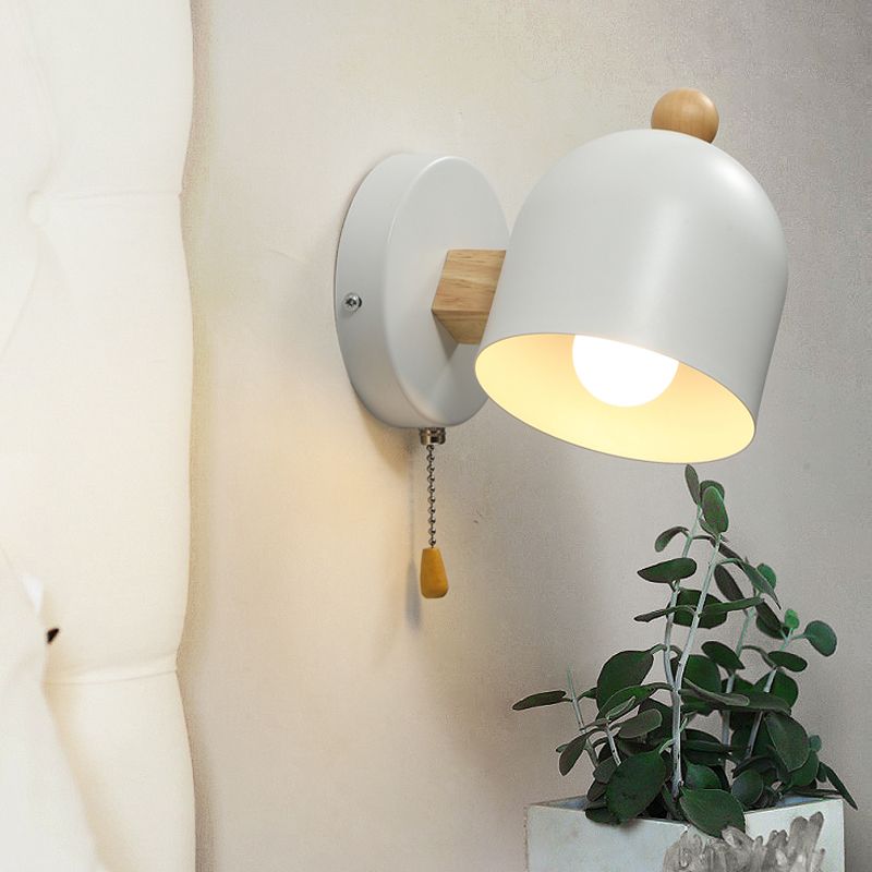 Tube Metal Wall Lamp Contemporary 1 Head White Sconce Light Fixture with Swing Wood Arm and Pull Chain
