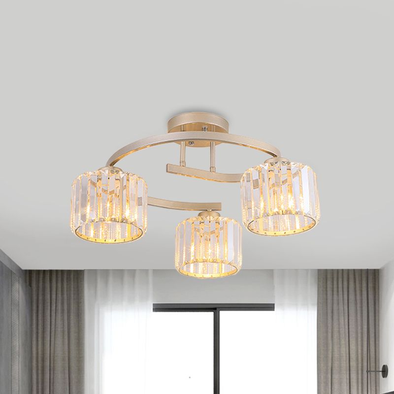 Crystal Prism Cup Semi Flush Chandelier Contemporary 3 Heads slaapkamer plafondmontage lamp met goud gebogen arm