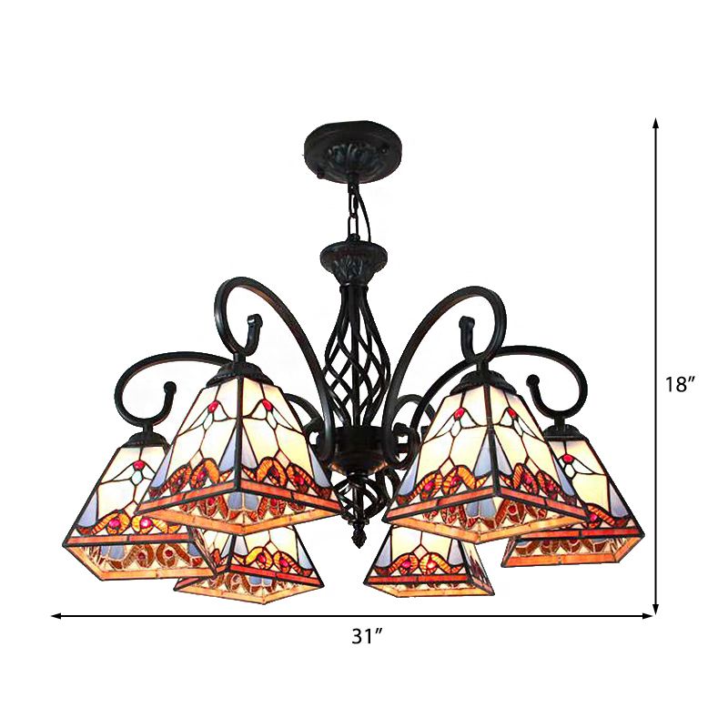 Stained Glass Pyramid Chandelier 6 Lights Traditional Hanging Ceiling Light for Foyer