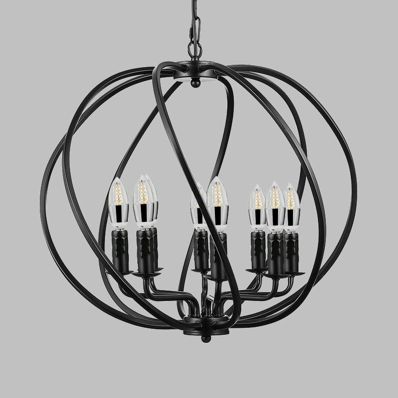 Black Round Cage Chandelier Lighting Industrial Metal 8 Lights Dining Room Large Pendant Light with Candle Decoration