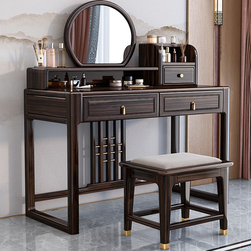 Solid Wood Vanity Set with Stool Set Brown Dresser with 3-Drawer and Mirror