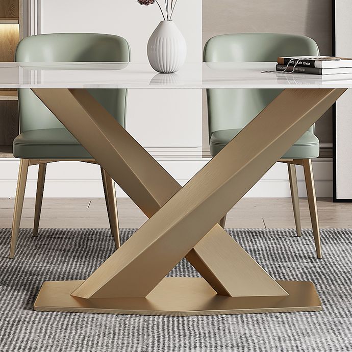 Traditional Luxury Sintered Stone Top Dining Table Rectangle Table in White with Gold Pedestal