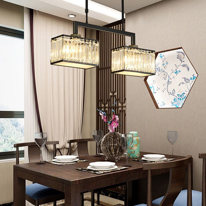 Modern Rectangle Shade Island Pendant Crystal Multi Lights Island Light for Restaurant