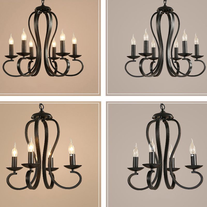 Black Swirled Arm Pendant Lighting Classic-Style Metal 3/5/6 Lights Living Room Chandelier