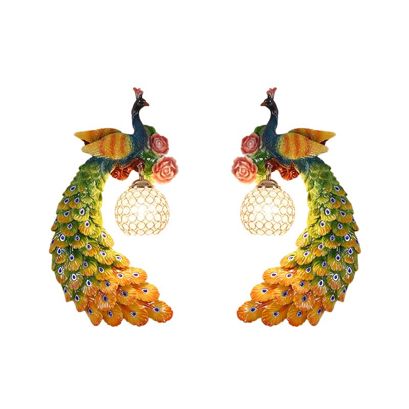 1/2-Pack Blue/Green Peacock Wall Light Fixture 8"/10" Wide 1 Head Retro Style Resin Wall Lamp with Crystal Global Shade, Left/Right