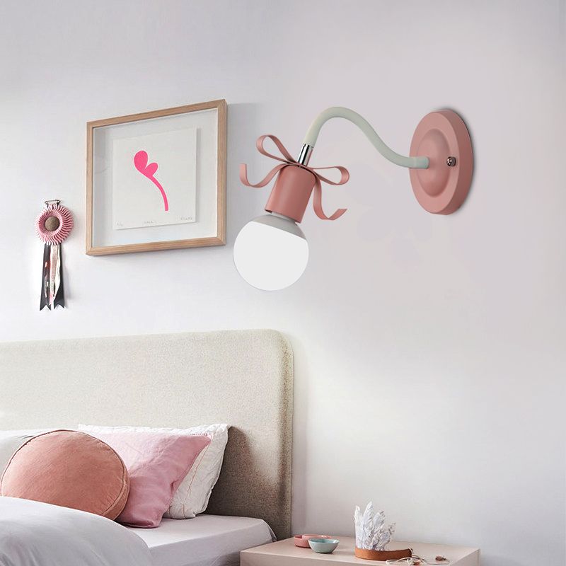 Metal Bare Bulb Wall Light with Bow Single Head Nordic Style Wall Lamp for Kindergarten