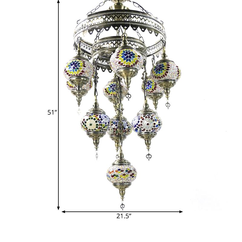 10 Heads Oval Hanging Light Fixture Traditional Red/Pink/Yellow Multicolored Stained Glass Chandelier Lamp