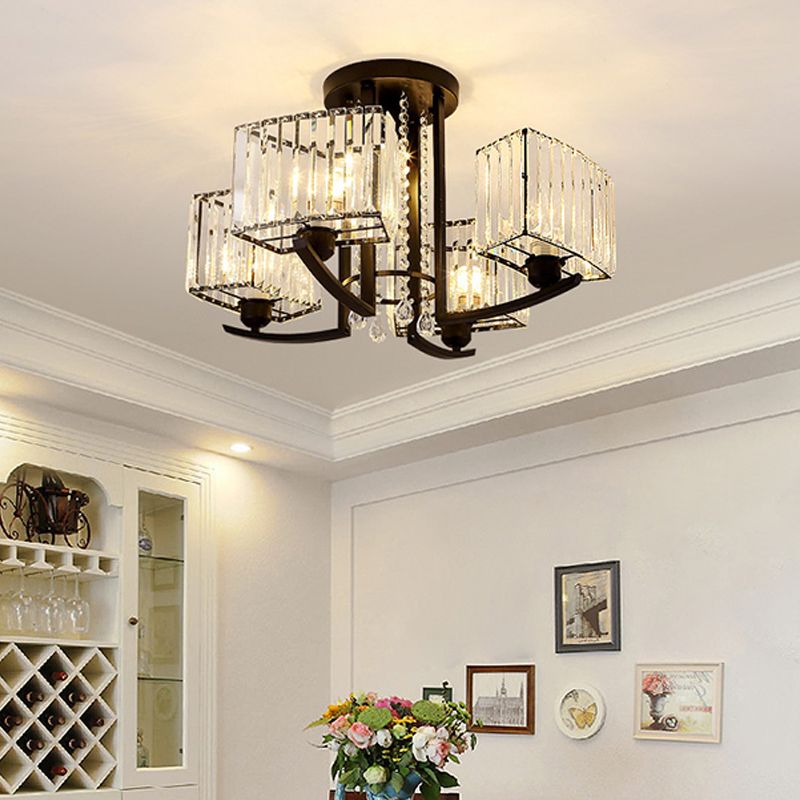Round Living Room Ceiling Lamp Retro Crystal Block Black Semi Flush Mount Lighting