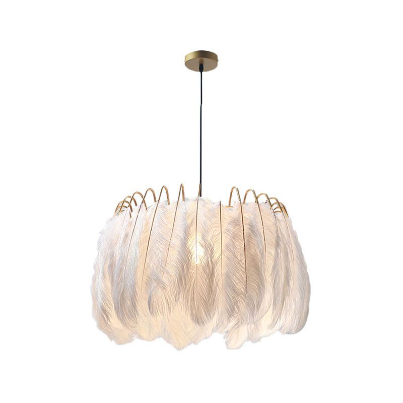 Romantic Drum Pendant Light 1 Light Feather & Metal Suspension Light in White for Adult Bedroom