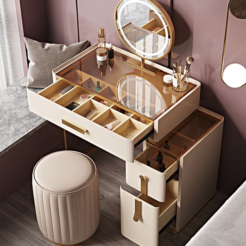 Solid Wood Glass Top Vanity Table Set with Stool & Mirror 25.59" W 3-Drawer Makeup Counter