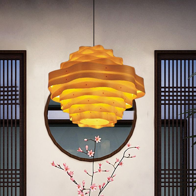 1 Head Dining Room Pendant Lamp Asia Beige Hanging Light Fixture with Tiered Wood Shade