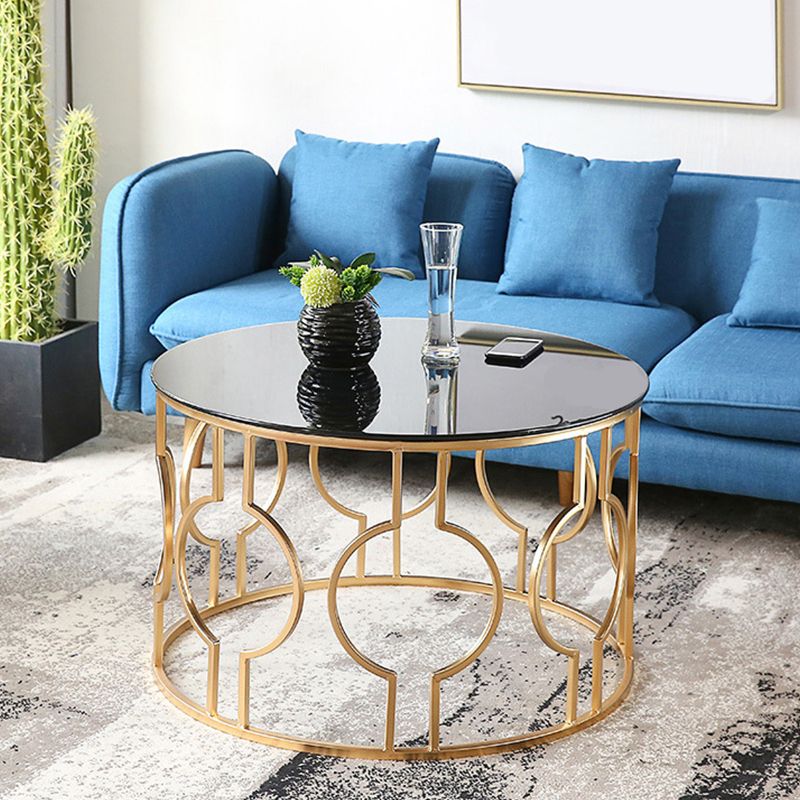 Contemporary Round Glass Coffee Table Brass Metal Frame 1 Single Cocktail Table