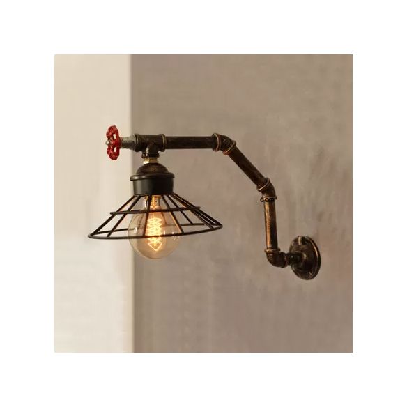 1 Bulb Wire Conical Wall Lighting with Pipe Design Vintage Industrial Bronze Finish Metal Sconce Lamp