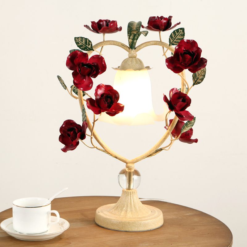 Beige/Blue Single Head Night Light Classic White Glass Bloom Reading Book Lamp with Heart Frame and Rose Design