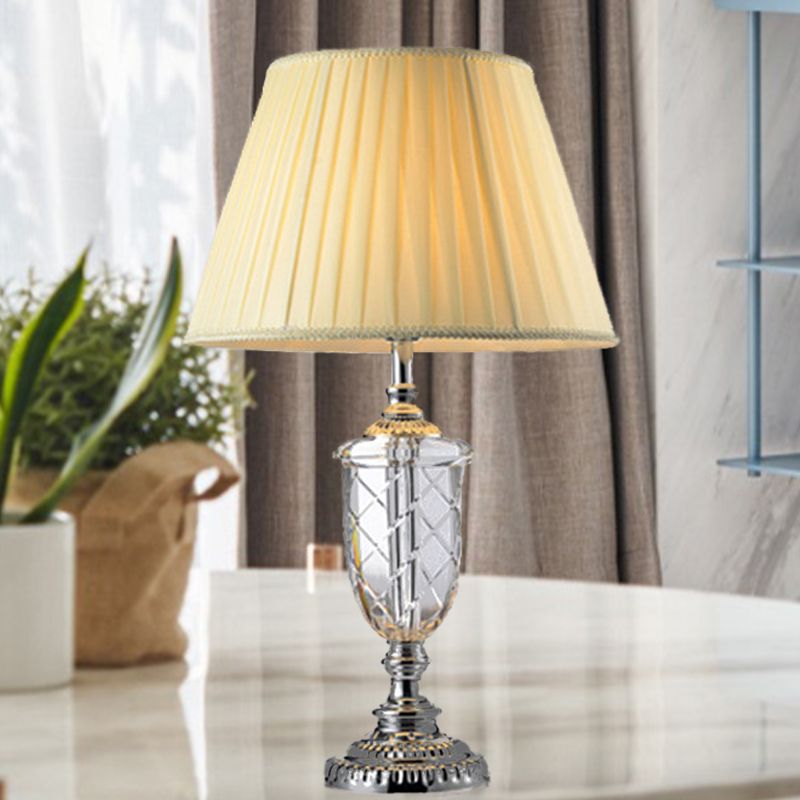 Cup Clear Crystal Desk Lamp Modern 1 Bulb Beige Table Light with Cone Fabric Shade