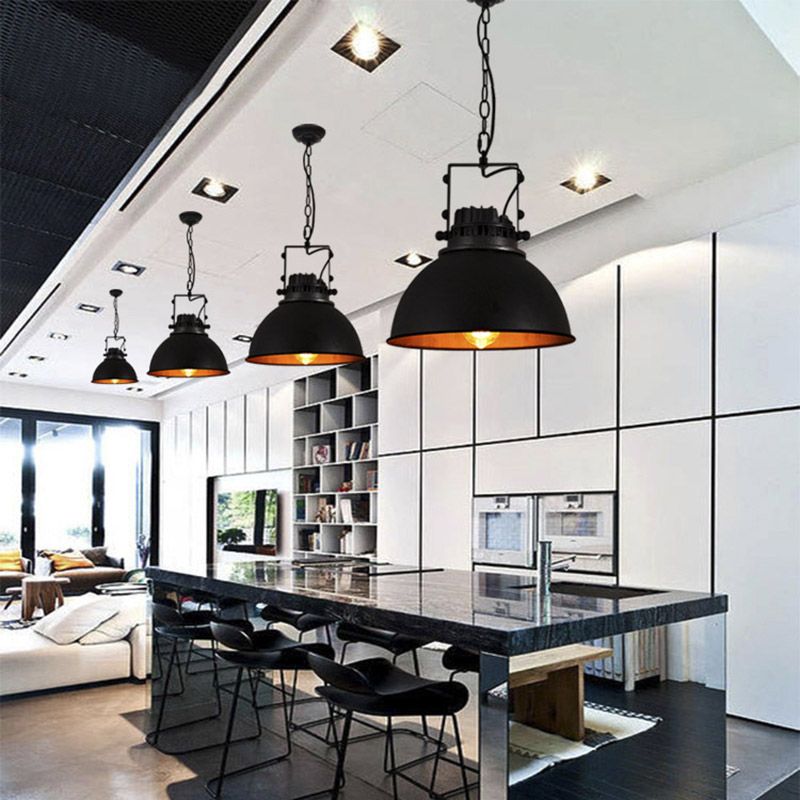 Dome Shade Restaurant Pendant Light Fixture Industrial Metal 1 Bulb Black Hanging Ceiling Light