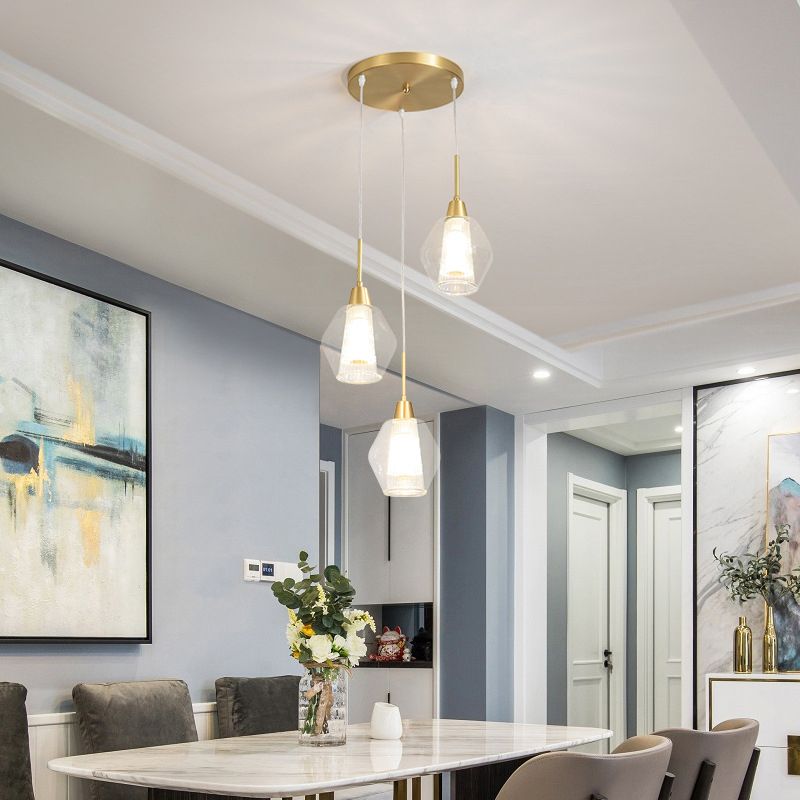 Dual-Shade Diamond Ceiling Hand Lamp Modern Clear Glass 3-Bulb Gold Round/Linear Canopy Cluster Pendant Light