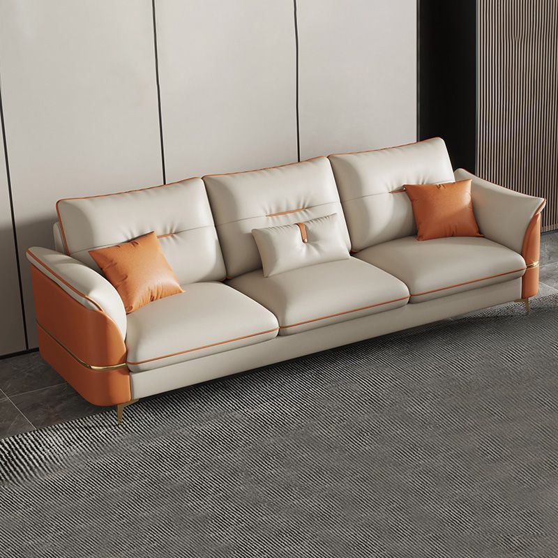 Beige Genuine Leather Pillow Top Arm Sofa/Sectionals With Cushions Metal Legs
