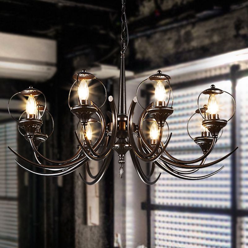 Farmhouse Wire Guard Chandelier Lighting with Curved Arm 8 Heads Iron Hanging Light Fixture in Black