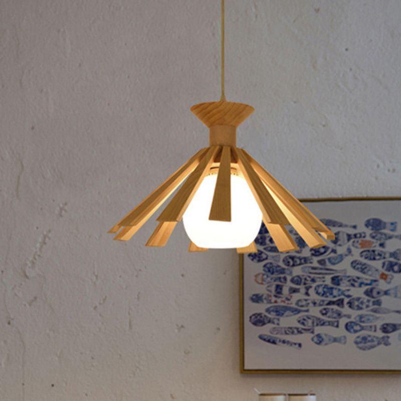 Cottage 1-Light Hanging Light Opal Frosted Open Glass Ball Pendant Ceiling Light with Wood Tapered Cap