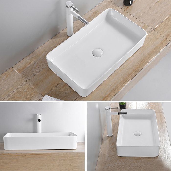 Modern Wash Stand Porcelain Rectangular with Drain Assembly and Pop-Up Drain Vessel Sink
