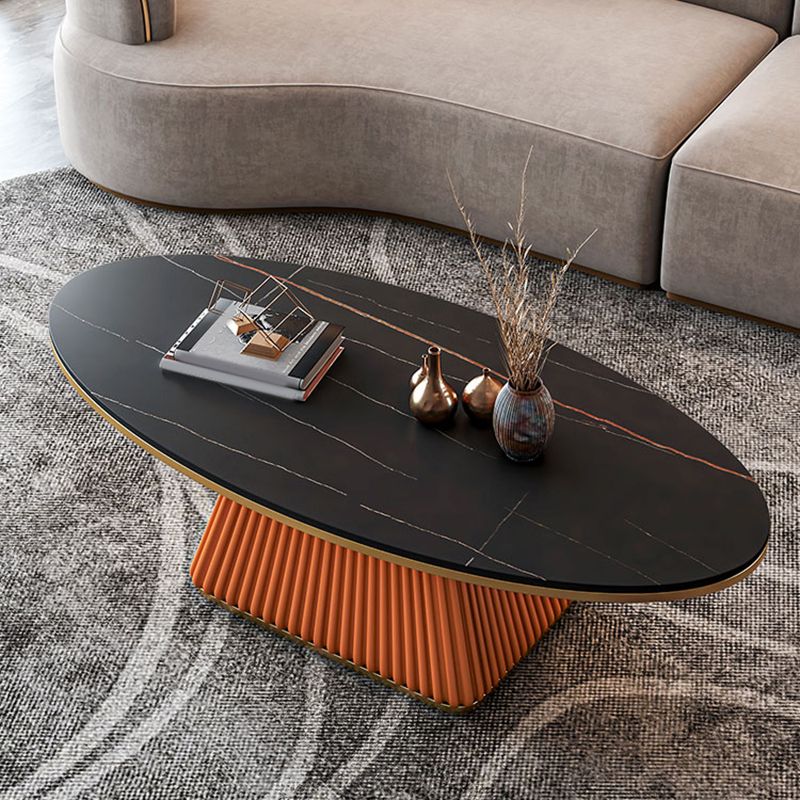 Glam Metal and Slate Cocktail Table Pedestal Coffee Table for Living Room