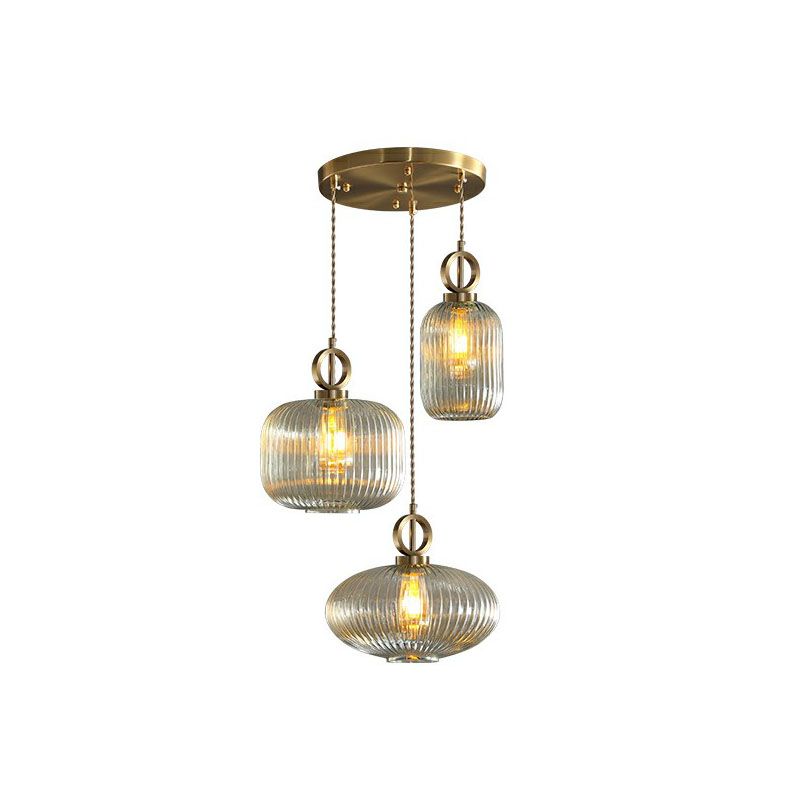 Pendante a sospensione multi-luce a forma geometrica moderna vetro a costola 3 lampadine in ottone sospensione lampada