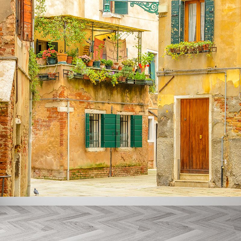 Tranquil Town Mural Decal Contemporary Non-Woven Textured Wall Covering in Yellow