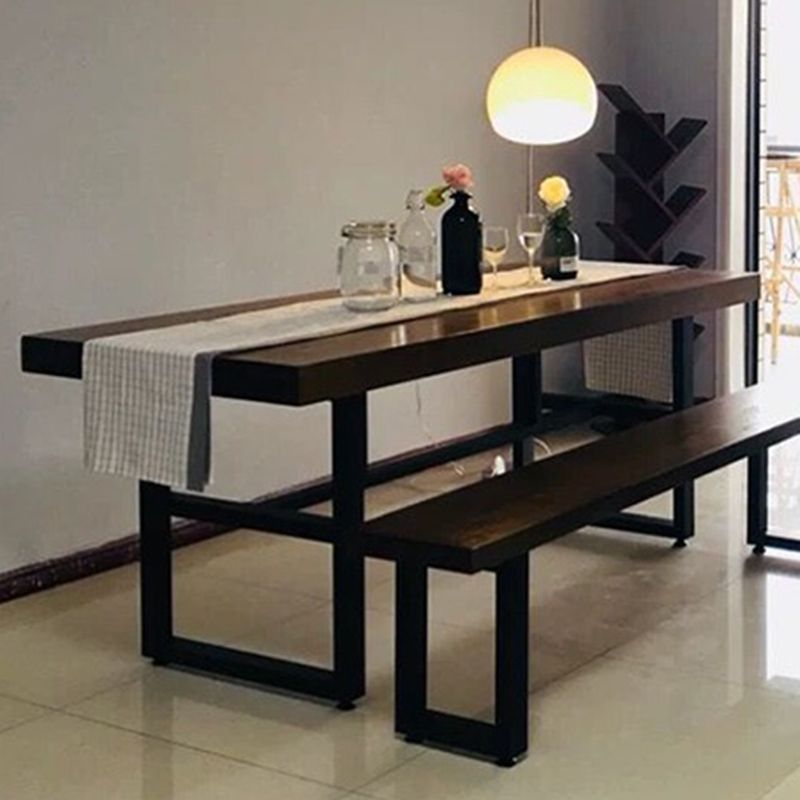 Industrial Dining Table Brown Solid Wood Dining Table with Trestle Base