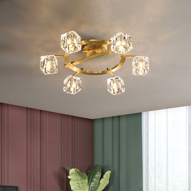 Gold Ring Semi-Flush Mount Modern Clear Crystal Cube Shade 6/8 Bulbs Great Room Ceiling Mounted Light